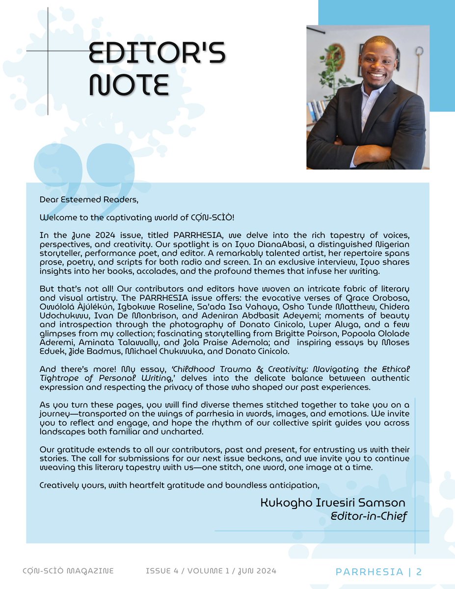 consciomag's tweet photo. Editor’s Note: A  Journey on The Wings of Parrhesia — CỌ́N-SCÌÒ Magazine Issue 3, VOL 1 (June 2024) by
@BrainyPoet x @bardmus x @Sueddieagema  x @OgwijiEhi  ----> https://t.co/42fz1Kt1E6 #conscio https://t.co/O597Oxz0ZG
