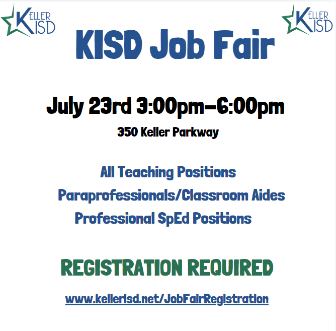 We are looking for YOU!
Please join us at the Keller ISD Job Fair on July 23rd.
Register at: kellerisd.net/JobFairRegistr…
#KellerISDThePlaceToBe