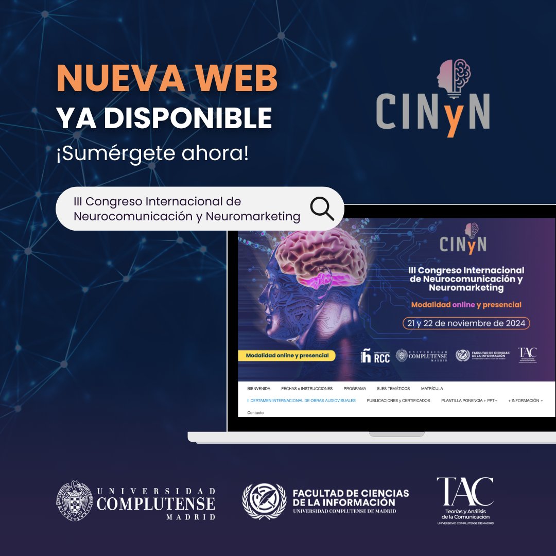 ¡Ya puedes navegar en la página web del #CINyN!

Conoce todos los detalles 👇
✅ Programa
✅ Fechas e instrucciones
✅ Ejes temáticos
✅ Información de inscripción, envío de resúmenes y más.

🌐 👉 eventos.ucm.es/118955/tickets…

<a href="/unicomplutense/">Complutense</a> <a href="/UCMccinf/">Facultad Ciencias Información</a> <a href="/ubaldocuesta/">ubaldo cuesta</a> <a href="/BarrientosAlmu/">Almudena Barrientos-Báez</a>