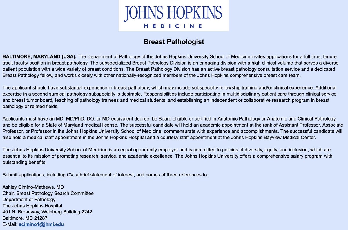 The Department of Pathology of the Johns Hopkins University School of Medicine invites applications for a full time, tenure track faculty position in breast pathology. See our ad in path outlines:
pathologyoutlines.com/jobs#job_8627