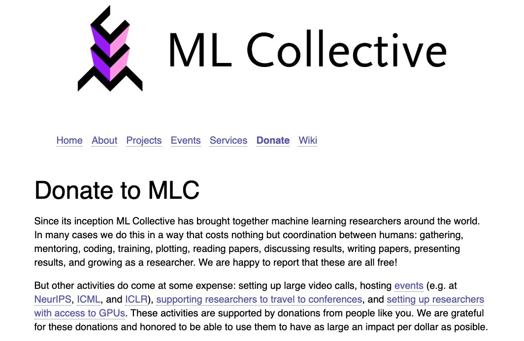 ml_collective's tweet image. It's been 4 years since the inception of ML Collective. Through 500+ events, we nurtured ML researchers around the world.
We've been operating w/o formally raising any money, but people's awareness and kindness. Today, we finally set up a donation page to help us do better.