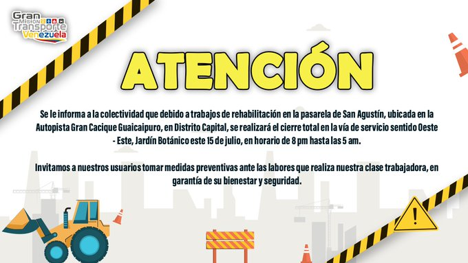 FMCENTER's tweet photo. ⚠️ Atención - A partir de las 8:00 de la noche de este lunes hasta las 5:00 de la mañana de este martes, se restringirá el tránsito a la altura de Hornos de Cal por trabajos en la Pasarela de San Agustín, sentido este. Informó el @TransporteGobVe a través de su cuenta de X. #TrafficCenter