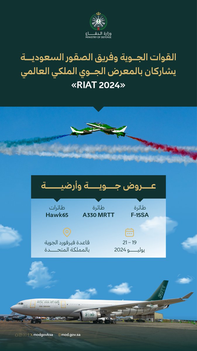 modgovksa's tweet photo. يُعد أكبر معرض جوي عسكري في العالم؛ القوات الجوية وفريق الصقور السعودية يشاركان بعروض أرضية وجوية في المعرض العالمي #RIAT2024 بالمملكة المتحدة. https://t.co/wTj5bKV8Ny