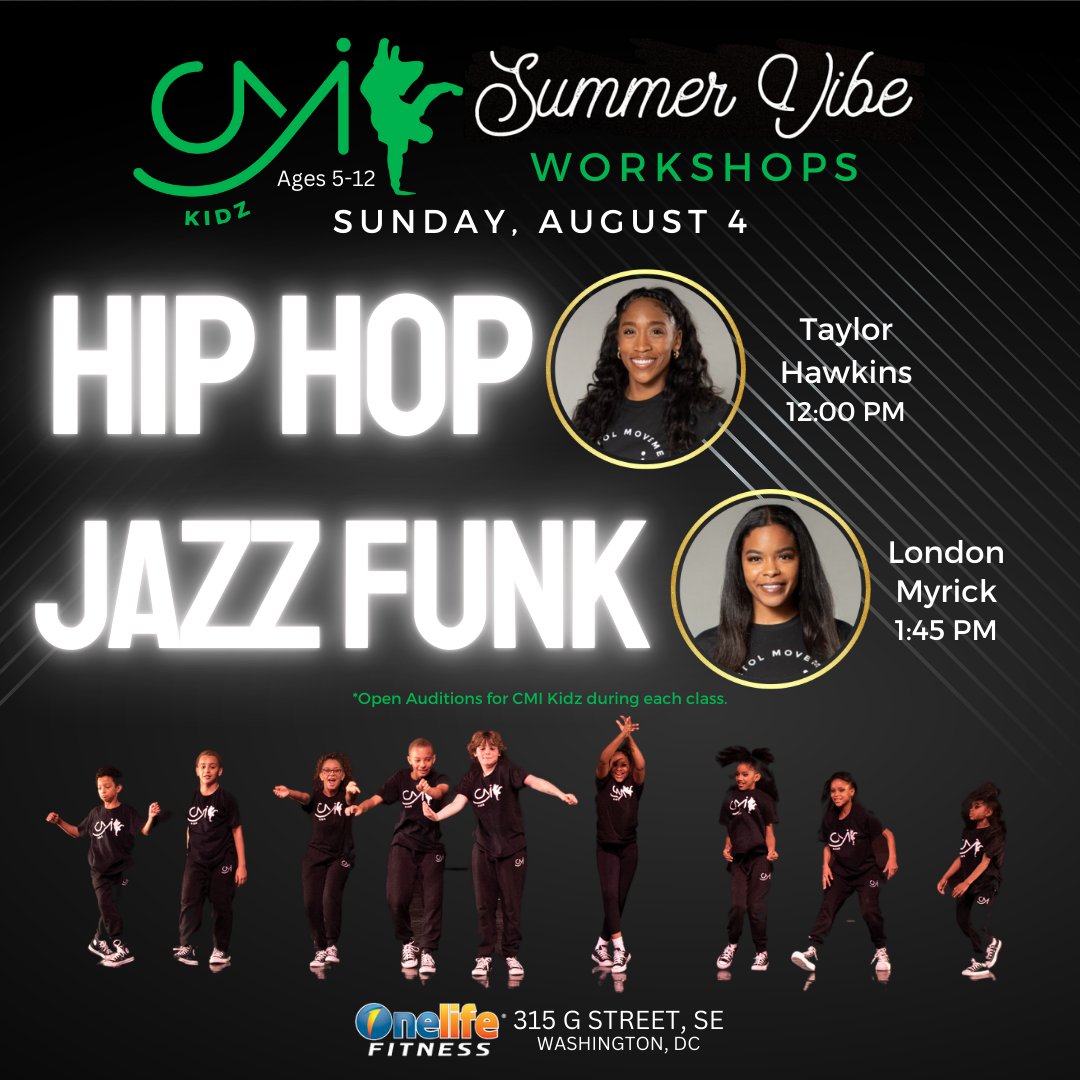 Know a Kid that Loves to Dance?  Join us for our Kidz (ages 5-12) Summer Vibe Workshops, Sunday, 8/4.
Register today:  bit.ly/3WgsN6U

Dance with us year round by becoming a member of our CMI Kidz Company.  Auditions during the workshops.