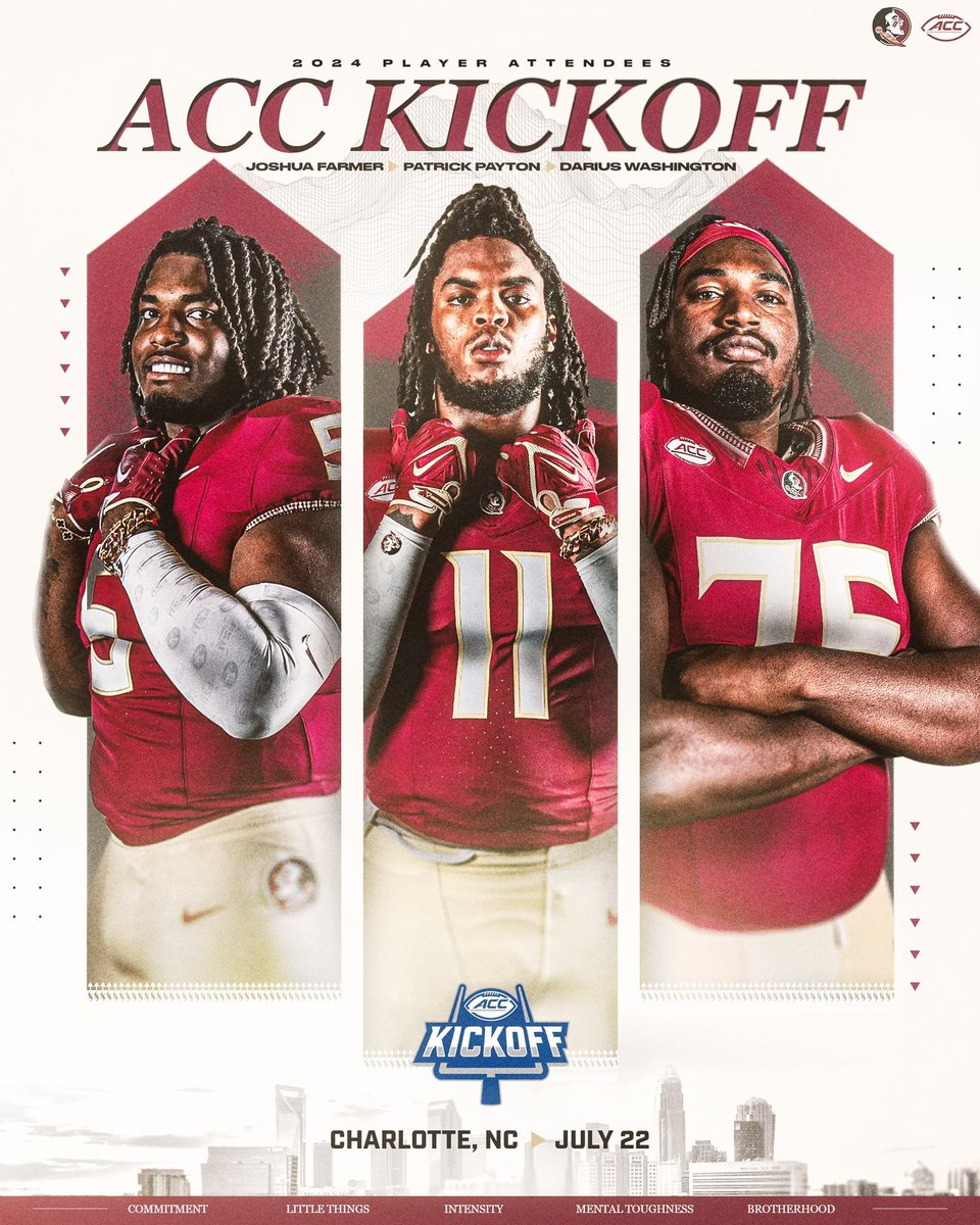 1 week from today in the Queen City!

🍢 <a href="/colaboy_j5/">J5️⃣🦍🧨</a> 
🍢 <a href="/PatPayton6/">Pat Payton</a> 
🍢 @DariusW76 
🍢 <a href="/Coach_Norvell/">Mike Norvell</a> 

🔗: noles.co/24ACCKickoff

#NoleFamily | #KeepCLIMBing
