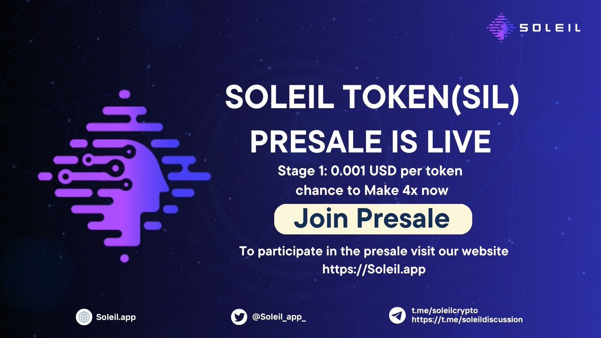The Soleil Crypto presale is now live! Secure Soleil Tokens (SIL) at a  special presale price before they hit major exchanges. Benefit from our  robust staking platform, verified communication channels, and passed