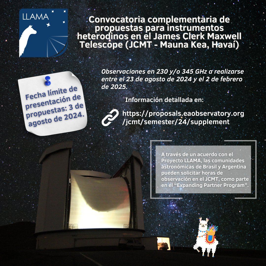 Oportunidad para la comunidad astronómica argentina: el JCMT abrió convocatoria complementaria para proyectos de receptores heterodinos en 230 y 345 GHz. Envíos hasta el 08/03. Información completa en: proposals.eaobservatory.org/jcmt/semester/…