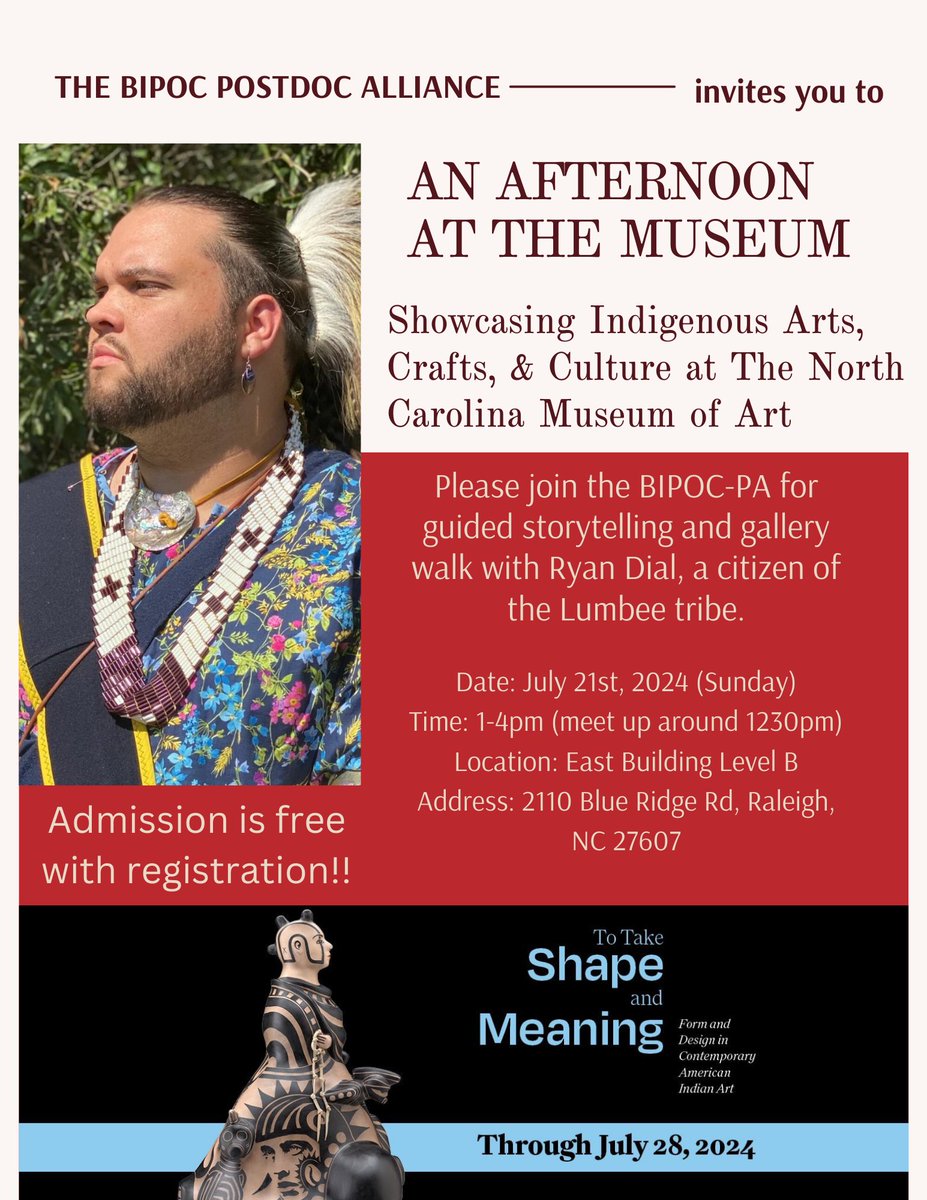 Join BIPOC on a guided gallery walk of North Carolina Museum of Art's current exhibition: To Take Shape and Meaning: Form and Design in Contemporary American Indian Art with Ryan Dial. July 21st, 2024 (Sunday)|12:30pm-4pm|North Carolina Museum of Art| East Building Level B
