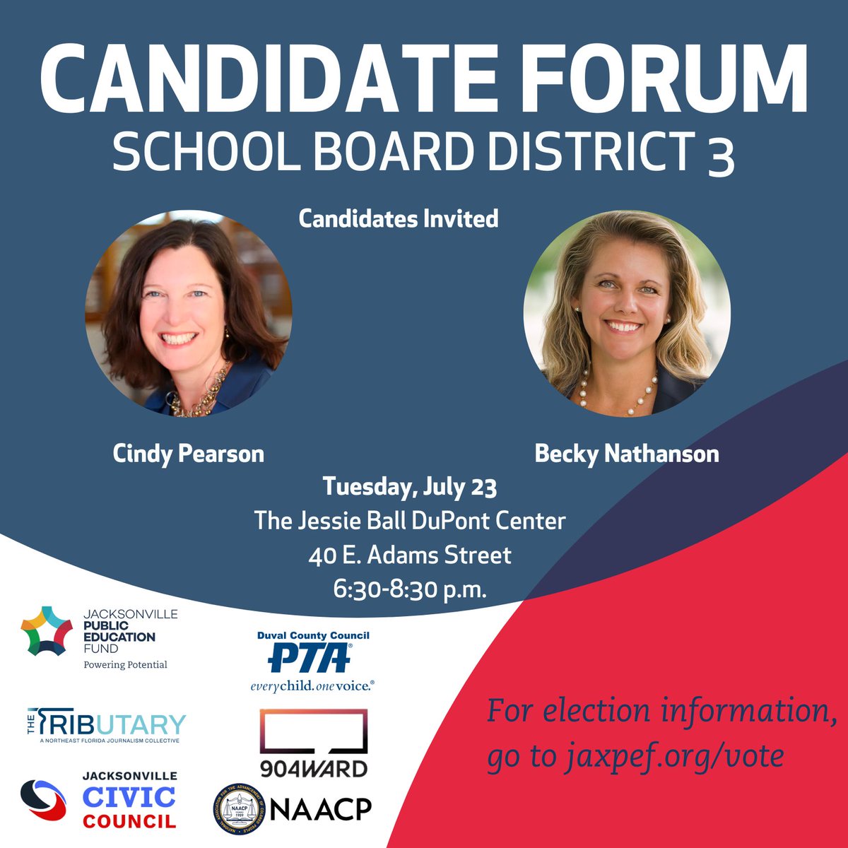 JaxPEF's tweet photo. Don't miss this chance to ask the school board candidates your questions! We are hosting a District 3 School Board Candidate forum next Tuesday, July 23 and encourage you to attend in person or virtually. Your voice and your vote matter! Register at https://t.co/3w20pf1Fwl https://t.co/KXZKAeuv94