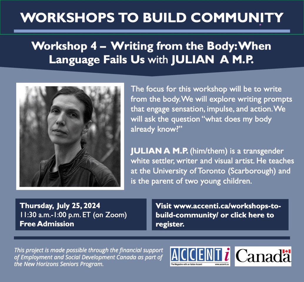 accentimagazine's tweet photo. Join us on Thursday, July 25 at 11:30 a.m. ET for Workshop 4 with Julian A M.P. 
Register: https://t.co/BvWzyeG8re @L_CantonCusmano @AICWCanada @chair_elia @ELANQuebec @OfficialQWF @uoftitalian https://t.co/DdXgjAfjVP