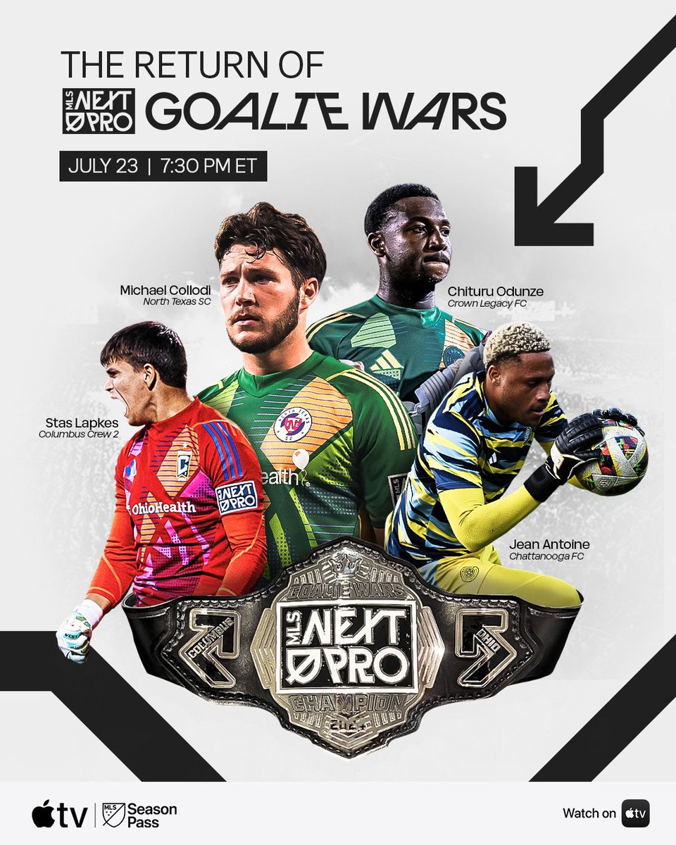 MLSNEXTPRO's tweet photo. Goalie Wars is back, featuring four of the top MLS NEXT Pro goalkeepers. 🧤

It all goes down during the #MLSAllStar Skills Challenge pres. by AT&amp;T (July 23, 7:30pm ET), airing free on @AppleTV! https://t.co/3e2s2iZWqo