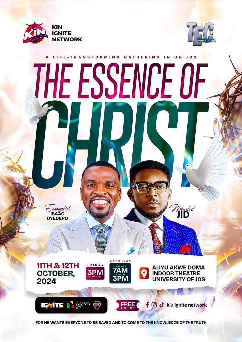 Minstrel_Jid's tweet photo. TEC (The Essence of Christ) 2.0, in partnership with @TheGraceExp and Anazao Generation Connect.
Get ready for an outpouring and expect God’s mighty move at UNIJOS, in Jos City, and across the Plateau.
Details on the flyer.
Please spread the word!
#TEC2.0
#KinIgnite https://t.co/Ffmiy9XgZ5