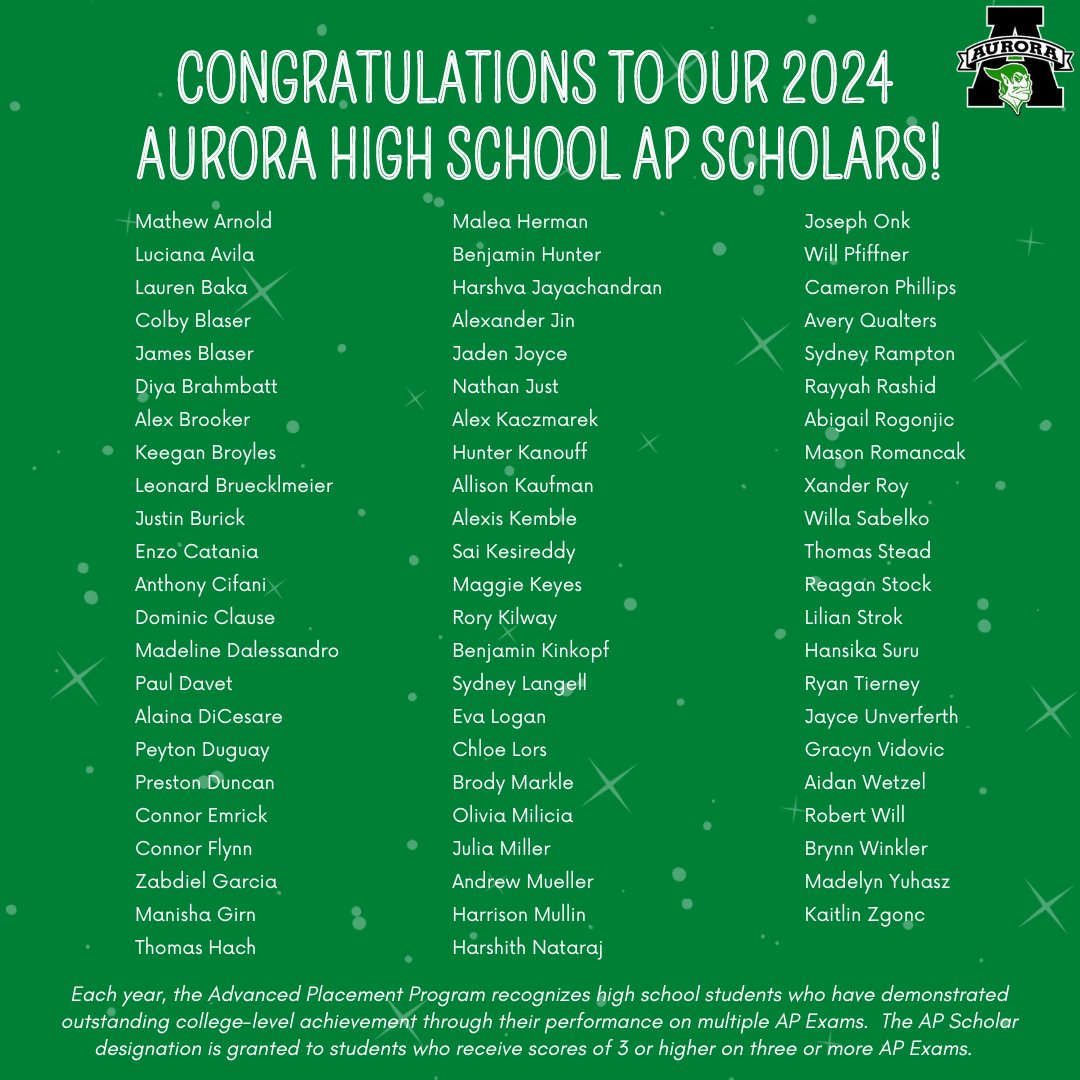 Mike Hayes (@ahs_mh) on Twitter photo See the List of All AHS AP Scholars, Scholars with Honor and Scholars with Distinction listed below:
#UnitedGreenmen <a href="/DrPMilcetich/">Paul Milcetich</a> <a href="/Greenmensteward/">Michael Roberto</a> <a href="/torresv4msu/">Victor Torres</a> <a href="/GreenmenGO/">AHS Guidance</a> <a href="/AHS_SeanBaker/">AHS_SeanBaker</a> <a href="/HarmonHighPTO/">Harmon/High PTO</a> <a href="/HarmonPrincipal/">Mark Abramovich</a> <a href="/mmaglionico/">Mike Maglionico</a> <a href="/ahsallsports/">Aurora OH All Sports Boosters</a> <a href="/auroraathletics/">Aurora Athletics</a> <a href="/GreenmenFB/">Greenmen Football</a> See the List of All AHS AP Scholars, Scholars with Honor and Scholars with Distinction listed below:
#UnitedGreenmen <a href="/DrPMilcetich/">Paul Milcetich</a> <a href="/Greenmensteward/">Michael Roberto</a> <a href="/torresv4msu/">Victor Torres</a> <a href="/GreenmenGO/">AHS Guidance</a> <a href="/AHS_SeanBaker/">AHS_SeanBaker</a> <a href="/HarmonHighPTO/">Harmon/High PTO</a> <a href="/HarmonPrincipal/">Mark Abramovich</a> <a href="/mmaglionico/">Mike Maglionico</a> <a href="/ahsallsports/">Aurora OH All Sports Boosters</a> <a href="/auroraathletics/">Aurora Athletics</a> <a href="/GreenmenFB/">Greenmen Football</a>