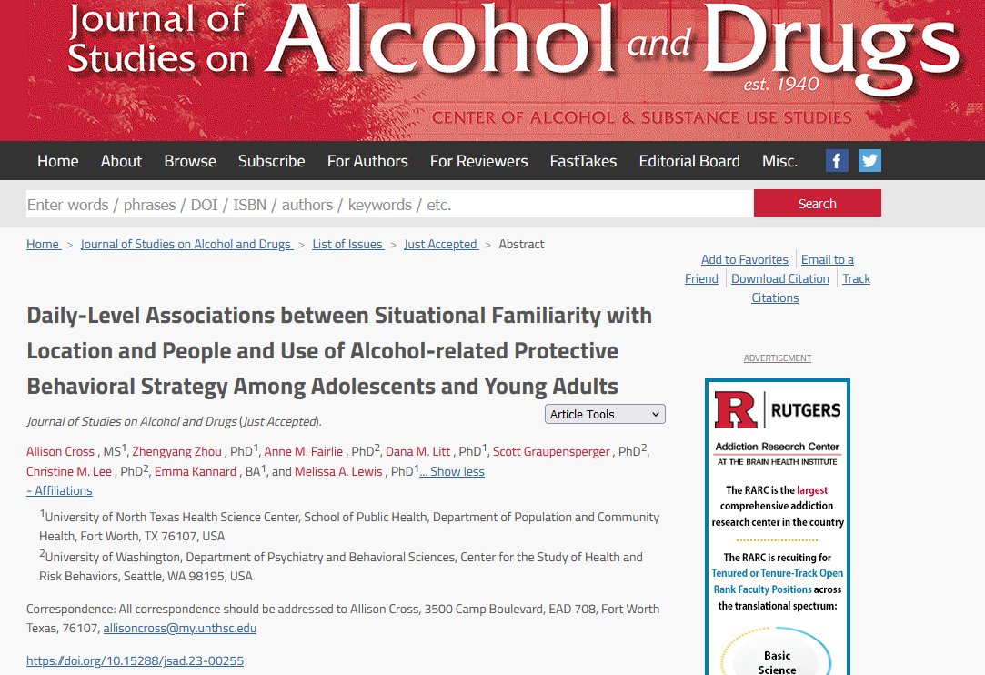 JSADJournal's tweet image. Daily-Level Associations between Situational Familiarity w/ Location &amp;amp; People &amp;amp; Use of Alcohol-related Protective Behavioral Strategy Among Adolescents &amp;amp; Young Adults (new @JSADjournal) 
@Allison_NCross @PhDLitt @Graups33 @MelissaLewisPhD @cshrb_uw @uwsph 
jsad.com/doi/abs/10.152…