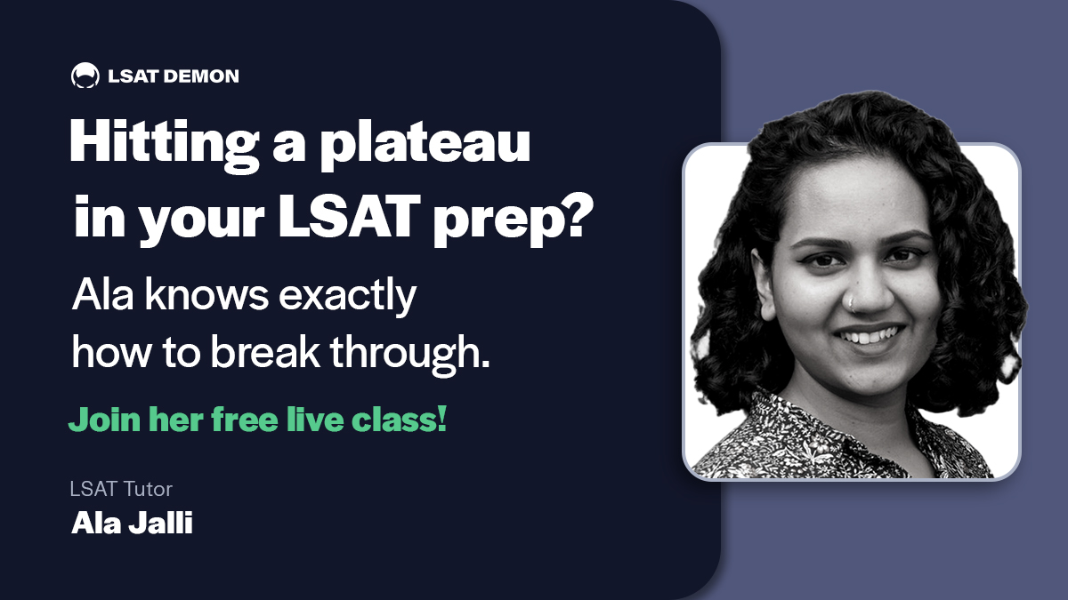 LSATDemon's tweet image. Join LSAT Demon Tutor Ala for a free live class, focused on reading comprehension and logical reasoning.

Overcome your score plateau.

🔹 Open to students of all levels.
➔ lsatdemon.com/class/8759

#LSATDemon #freeclass #OnlineLearning #LSAT #prelaw #Onlineclass #Lawyers