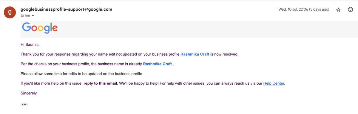Saumiccraft's tweet photo. @GoogleMyBiz Hello @GoogleMyBiz,Johnson initially informed me that my business profile name was updated to Rashmika Craft from Saumic Craft. However, after 3 days,he suggested I create a new profile.I only wish to update the name, not create a new one.Attached isscreenshot for reference. https://t.co/9FMyaRLntS
