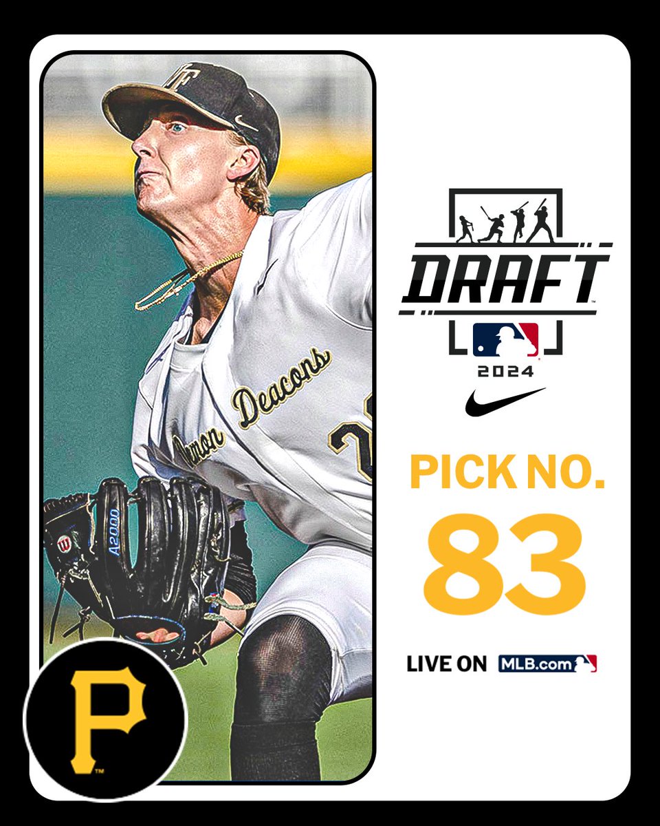MLB Draft (@mlbdraft) on Twitter photo With their 3rd-round pick (No. 83 overall), the <a href="/Pirates/">Pittsburgh Pirates</a> select <a href="/WakeBaseball/">Wake Forest Baseball</a> left-handed pitcher Josh Hartle, No. 70 on the Top 250 Draft Prospects list.
Watch LIVE: atmlb.com/3zJ3gua With their 3rd-round pick (No. 83 overall), the <a href="/Pirates/">Pittsburgh Pirates</a> select <a href="/WakeBaseball/">Wake Forest Baseball</a> left-handed pitcher Josh Hartle, No. 70 on the Top 250 Draft Prospects list.
Watch LIVE: atmlb.com/3zJ3gua