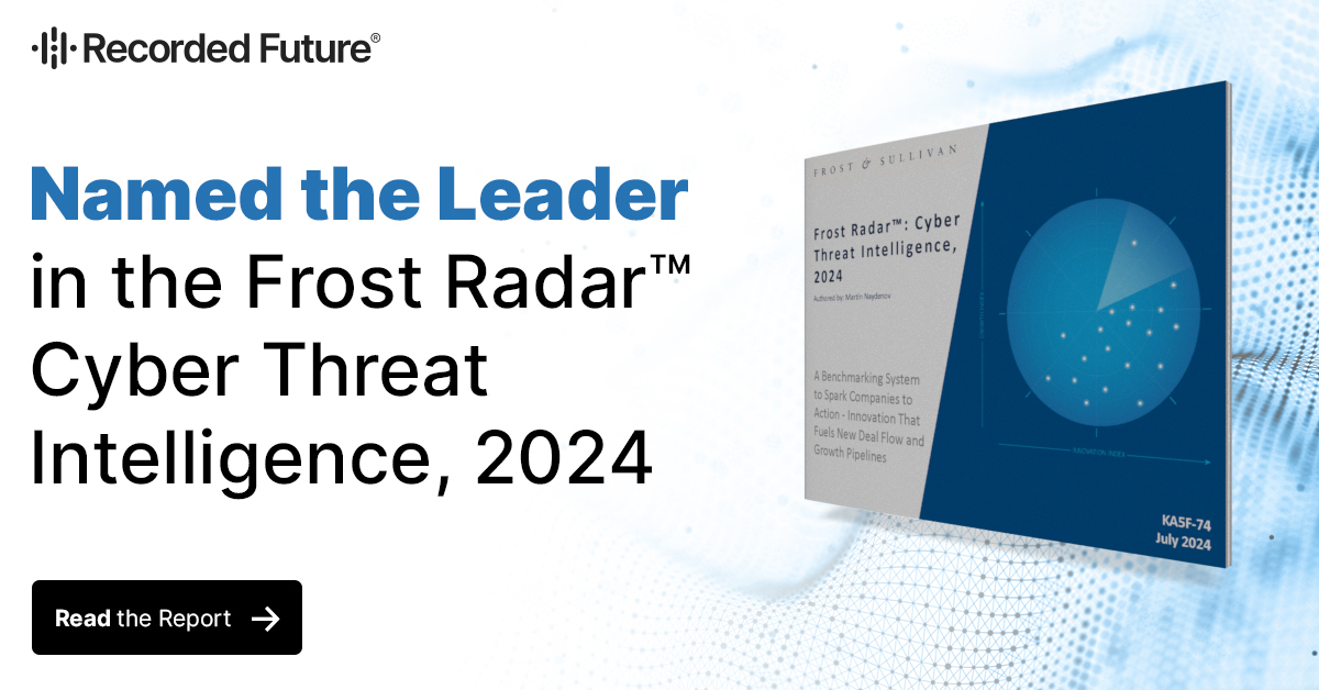 RecordedFuture's tweet photo. Recorded Future is proud to be named THE leader in the Frost Radar™ for Cyber Threat Intelligence by @Frost_Sullivan. 🏆

“Recorded Future has the leading position on the Growth Index, holding a dominant global CTI revenue share with steady growth rates and strong execution of its vision,” states the Frost Radar™.

Read more about our recognition and how we’re shaping the future of threat intelligence. https://t.co/0wolSKBFgE