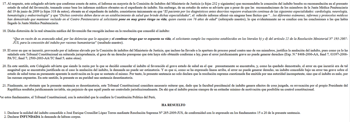 pierinaoliva's tweet photo. Saben por qué el año 2,011 el Tribunal Constitucional declaró la nulidad del indulto de Crousillat?  Porqué el indulto que le otorgaron se basó en las dolencias que lo aquejaban y el continuo riesgo al que se veía expuesta su vida,  𝗟𝗼 𝗰𝘂𝗮𝗹 𝗻𝗼 𝗲𝗿𝗮 𝗰𝗶𝗲𝗿𝘁𝗼.
el TC señaló que "el error no puede generar derecho, un indulto concedido bajo un error tan grave sobre el estado de salud torna en puramente aparente la motivación   en la que se sustenta el mismo" y por tanto el indulto nulo.
¿Les suena historia conocida? ¿un enfermo terminal que quiere ser candidato a la Presidencia? . 
Lean la Resolución y saquen sus propias conclusiones.
https://t.co/FiLVXWbfo3
#Fujimori
#IndultoNulo