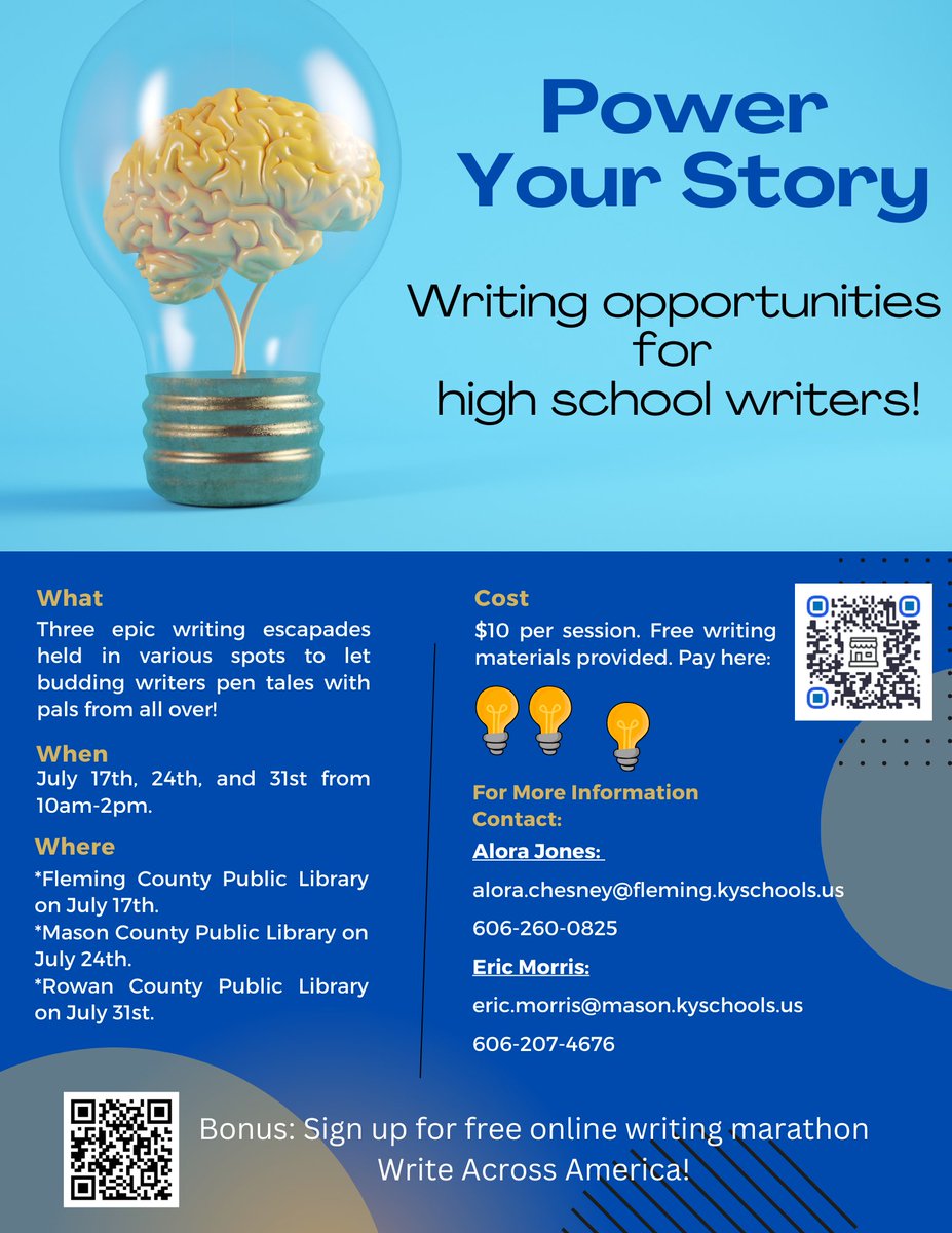 Teen Writers! Come write in Fleming County on Wednesday, July 17, from 10 a.m. to 2 p.m. Learn more here: moreheadwritingproject.org/teen-writers-l…