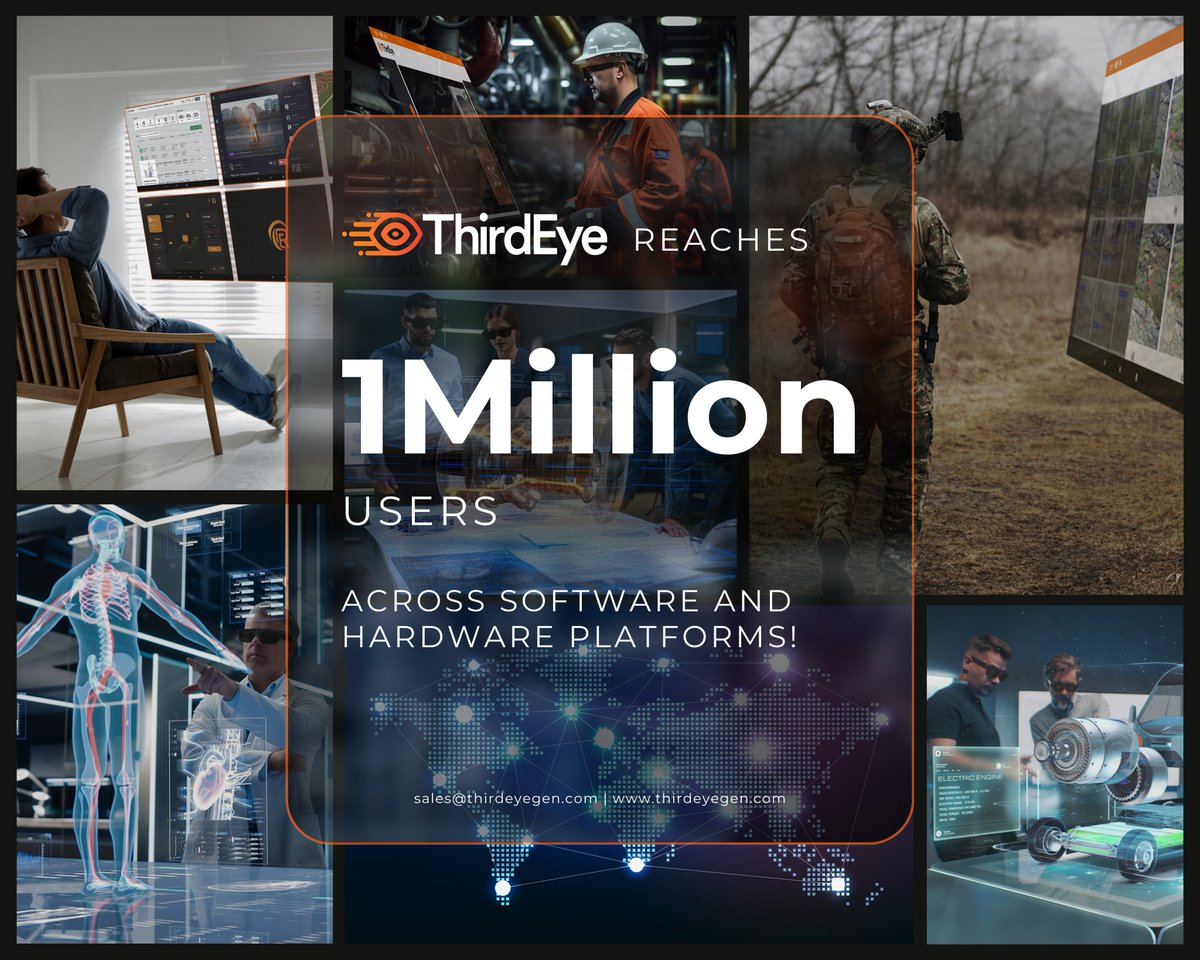 ThirdEyeGen's tweet photo. ThirdEye reaches 1 Million users across its software and hardware platforms!

You can reach us at sales@thirdeyegen.com or visit our website at https://t.co/hrqtY6neA4 for more information.
#MixedReality #smartglasses #ThirdEyeGen #RealEye #AI https://t.co/5MDJxKrycH
