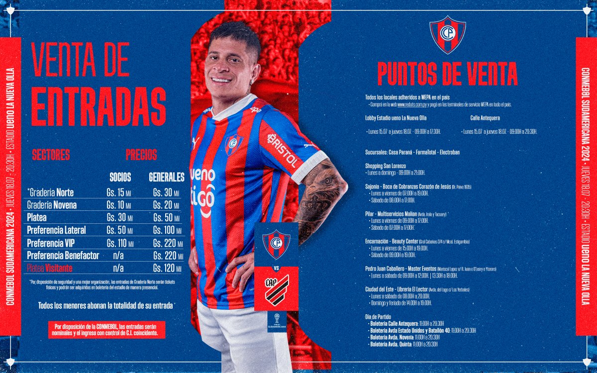 Club Cerro Porteño (@ccp1912oficial) on Twitter photo ✅ 𝙋𝙪𝙚𝙗𝙡𝙤 𝘼𝙯𝙪𝙡𝙜𝙧𝙖𝙣𝙖, informamos que sigue habilitada la venta de entradas para nuestro próximo partido por la <a href="/Sudamericana/">CONMEBOL Sudamericana</a> 🏆
⚠️ Por disposición de seguridad y una mejor organización, las entradas de Gradería Norte serán tickets físicos y podrán ser adquiridas en ✅ 𝙋𝙪𝙚𝙗𝙡𝙤 𝘼𝙯𝙪𝙡𝙜𝙧𝙖𝙣𝙖, informamos que sigue habilitada la venta de entradas para nuestro próximo partido por la <a href="/Sudamericana/">CONMEBOL Sudamericana</a> 🏆
⚠️ Por disposición de seguridad y una mejor organización, las entradas de Gradería Norte serán tickets físicos y podrán ser adquiridas en