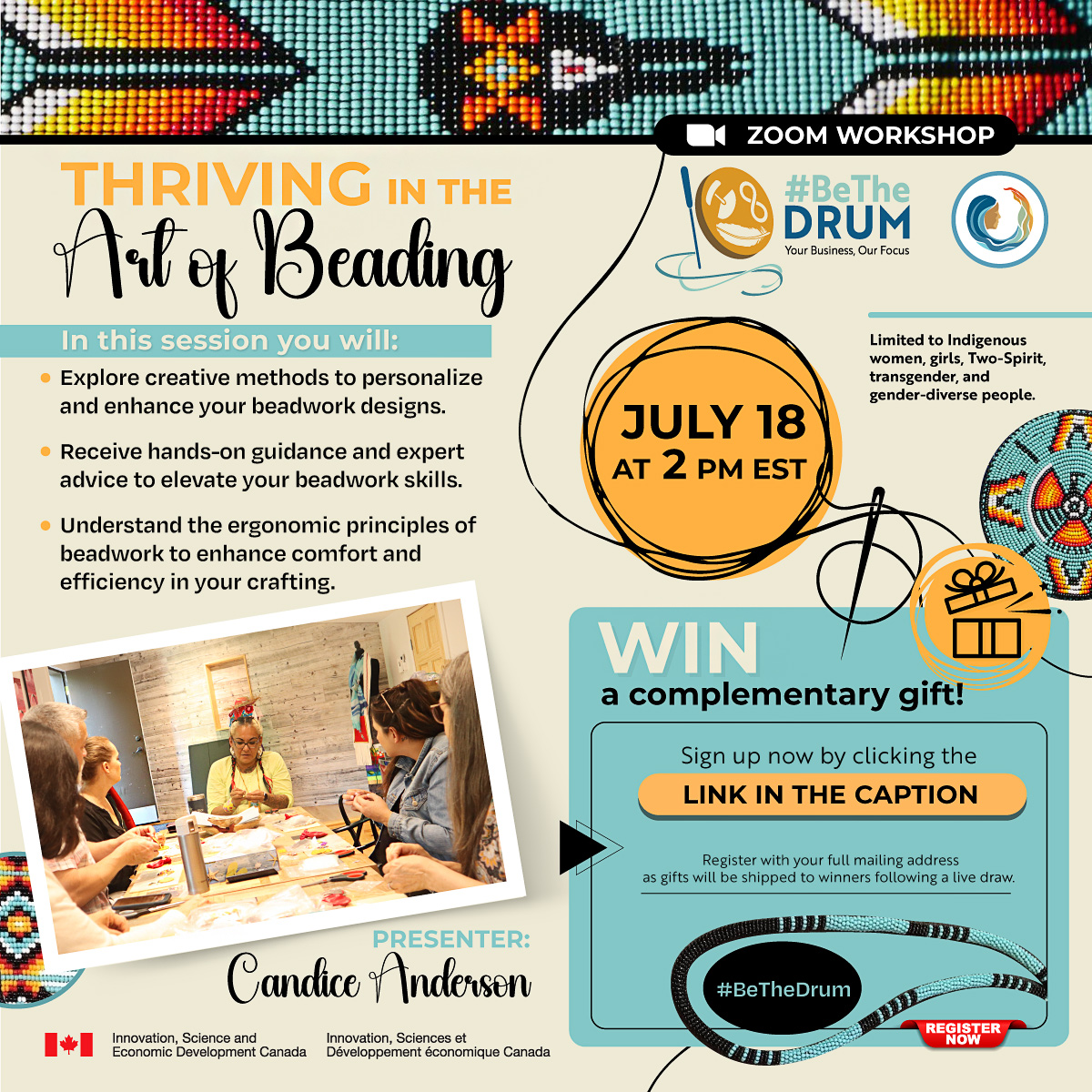 NWAC_CA's tweet image. Level up your #beading skills with Candice Anderson! Explore creative methods, receive guidance and expert advice, and increase comfort and efficiency in your beadwork. Register to join us virtually on July 18 at 2pm EST: forms.office.com/r/FnPGzenb0h