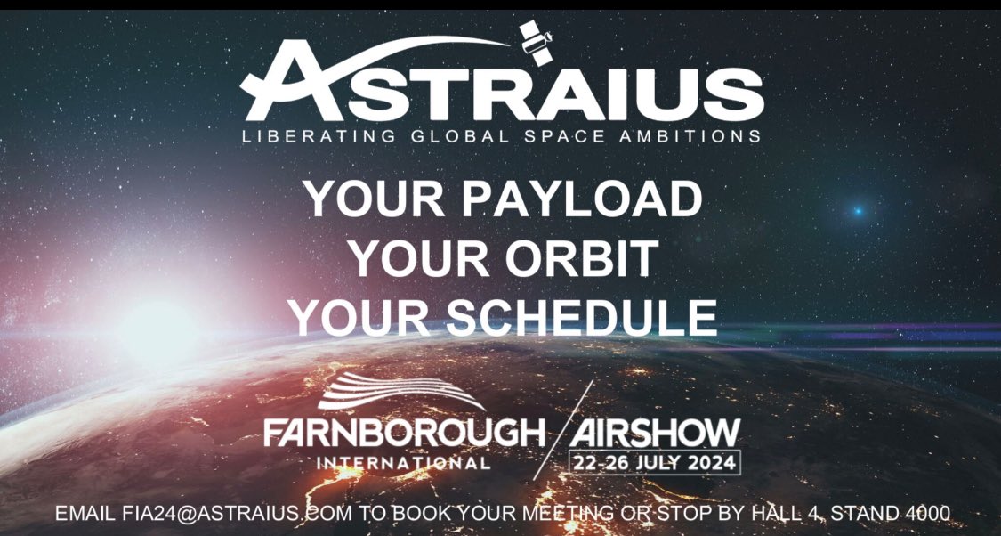 Visit Astraius (HALL 4, STAND 4000) <a href="/FIAFarnborough/">Farnborough Airshow</a> 22-26 July. Meet the team in the Space Zone and discover the benefits of our horizontal launch offering. Get a full picture of what 'air launch' involves through our unique VR experience. We'll see you there! <a href="/spacegovuk/">UK Space Agency</a>