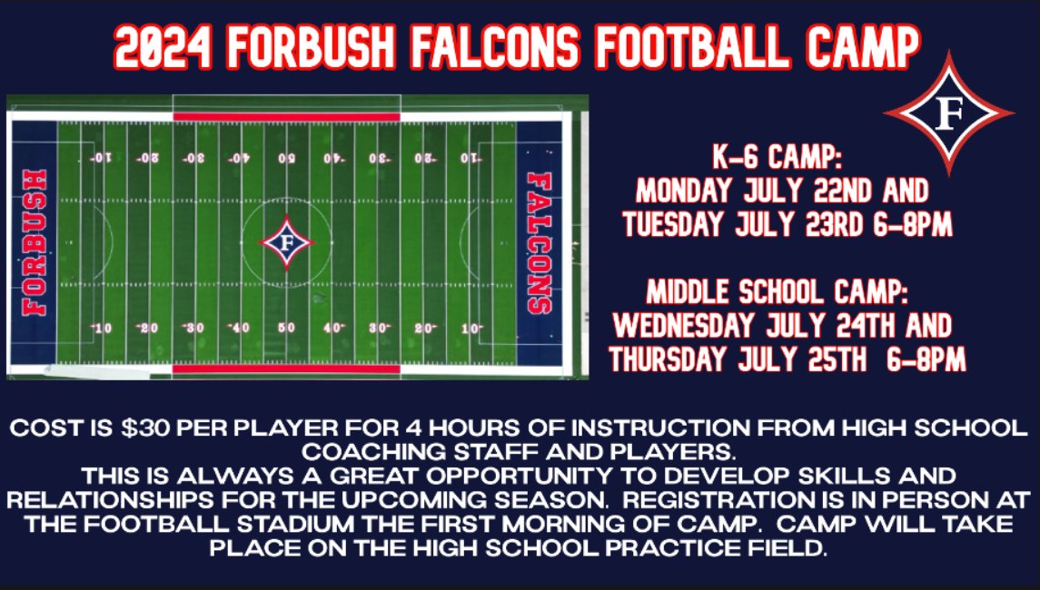 Update for Youth Football Camp next week. Due to a training being conducted on campus and the installation of our new track in the stadium, we are moving back to our traditional time 6-8pm and location on the practice field. Apologies for the change.