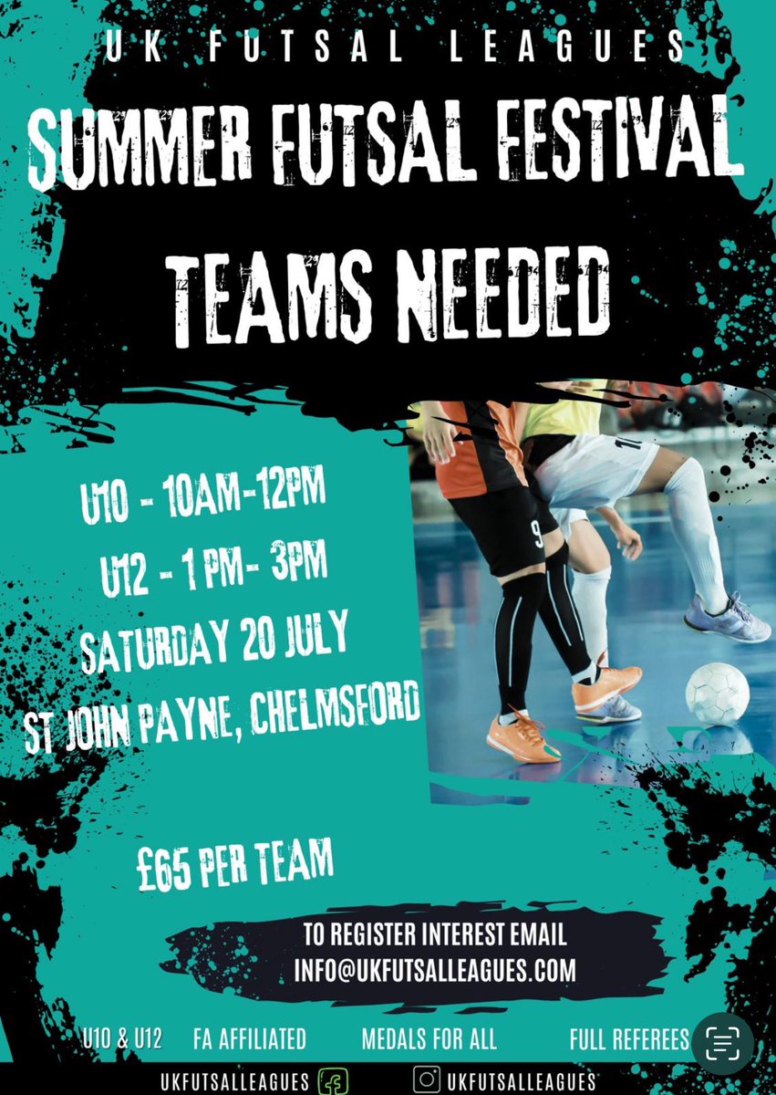 Ukfutsalleagues's tweet image. Please Share!!! 

We are needing 1 x team for our u12’s festival in Chelmsford.

Feel free to get in touch if you would like more information. 

Thank you.