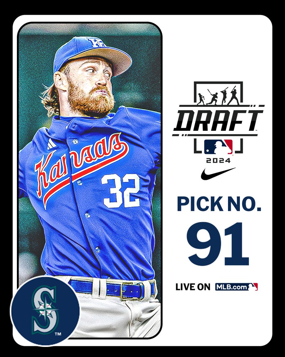 With their 3rd-round pick (No. 91 overall), the <a href="/Mariners/">Seattle Mariners</a> select <a href="/KUBaseball/">Kansas Baseball</a> right-handed pitcher Hunter Cranton, No. 213 on the Top 250 Draft Prospects list.

Watch LIVE: atmlb.com/3zJ3gua