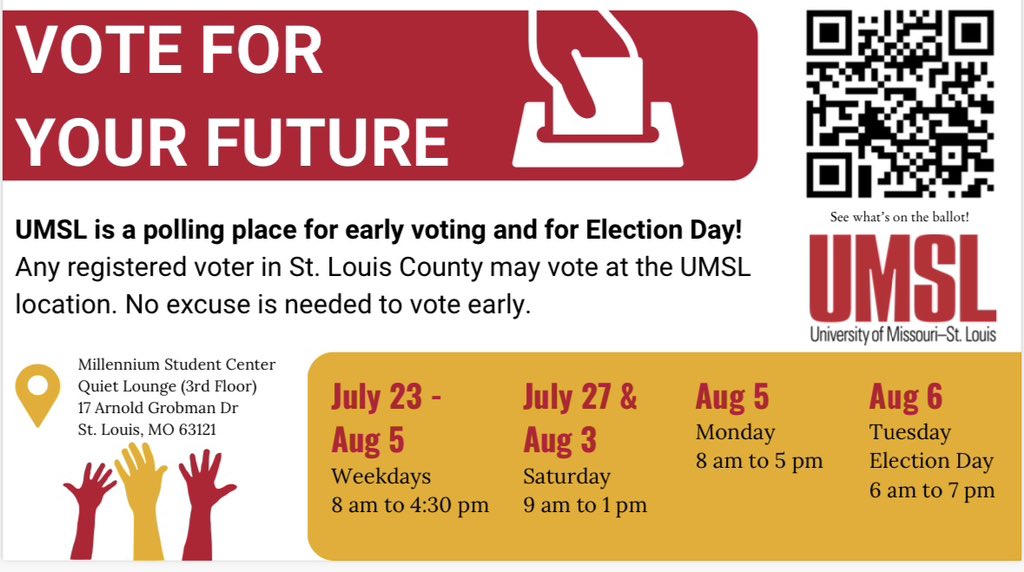 Election Season is right around the corner! Reminder that <a href="/umsl/">University of Missouri–St. Louis</a> is a polling location! Make your voting plan today! #Vote #Elections