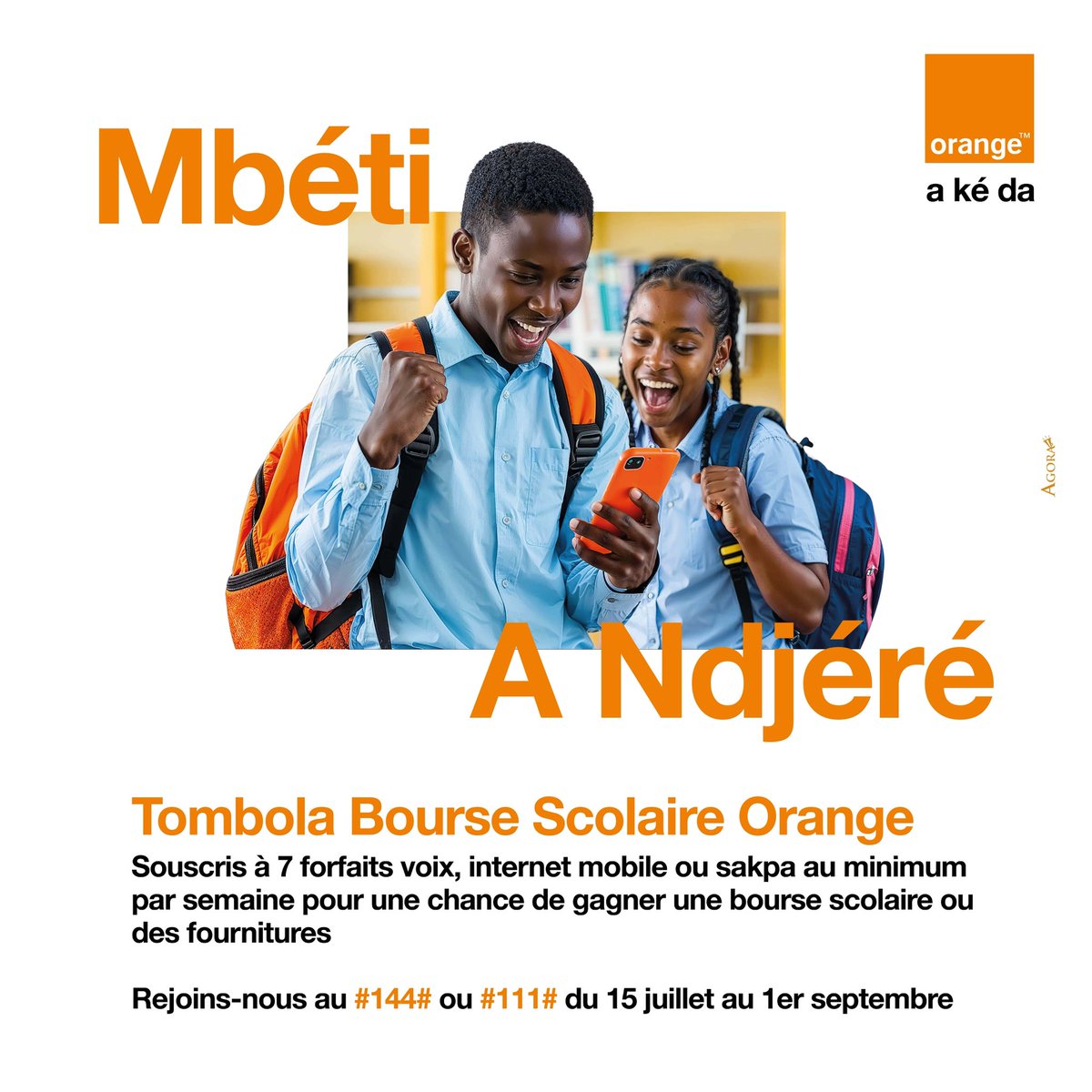 #TombolaOrange : gagnez une bourse et des fournitures scolaires

Chez Orange, nous croyons en l’importance de l’éducation pour le développement individuel et collectif. Cette campagne offrira à la jeunesse, une chance de gagner des bourses scolaires.

#OrangeRCA 
#OrangeEstLa