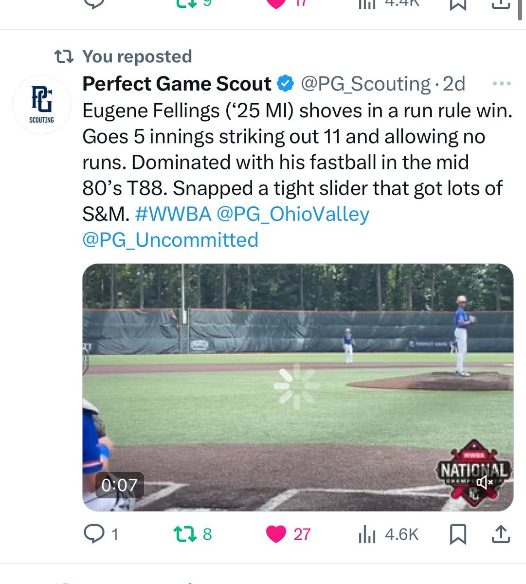Trofellings's tweet photo. Had a good tournament in Atlanta at the WWBA. Came up short but still had a good outing.@official_hitdog 

Pitching stats 
5.0IP 3H 0R 11SO .176BAA Top 89

Also batting .538 in the tournament going 7/13 https://t.co/A1ogTEd4t5