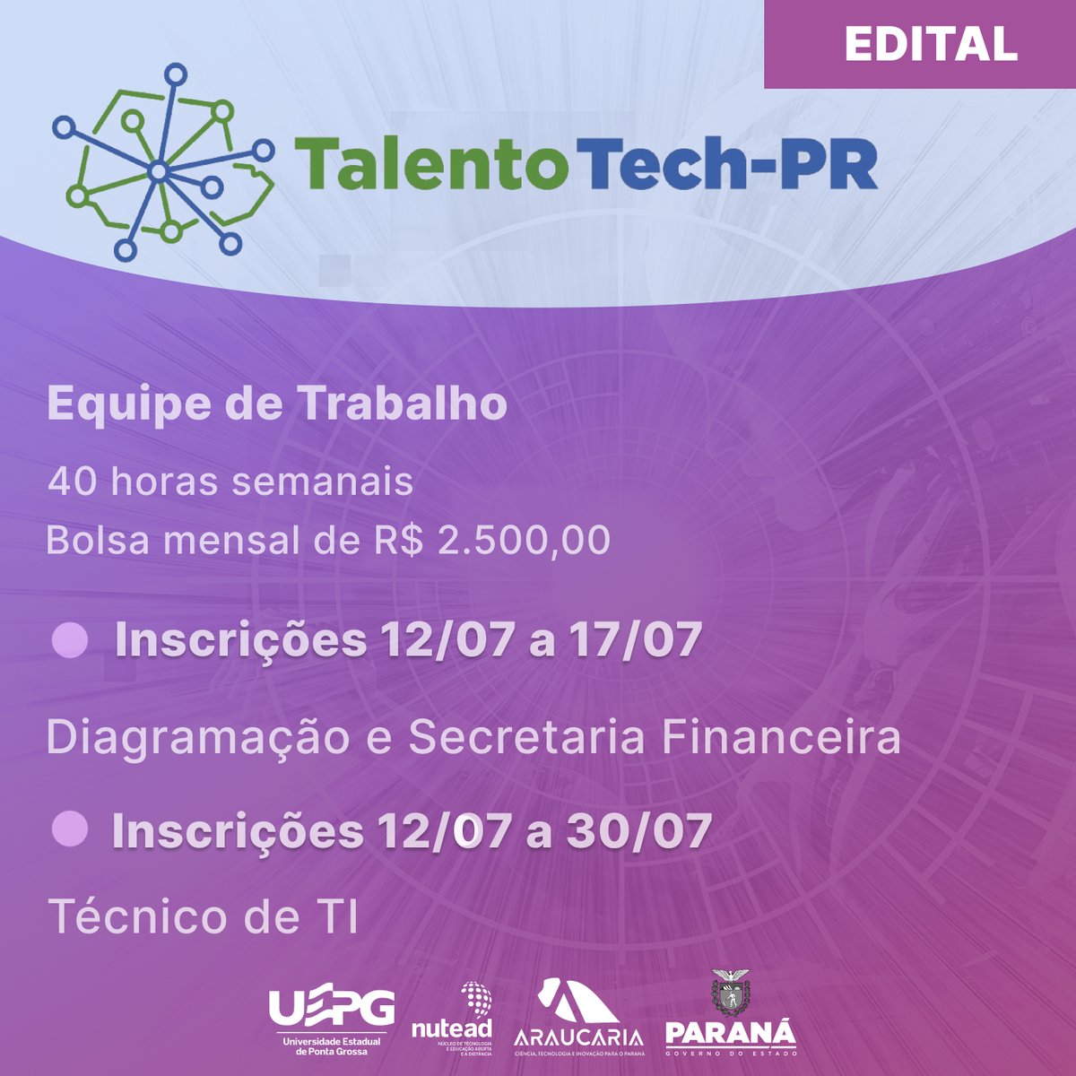 nutead_uepg's tweet photo. ✈️É período de férias, mas os processos seletivos seguem abertos!😃

💫Neste mês de julho, o Nutead reabre as inscrições do Programa Talento Tech- PR para Assistente à Docência, Diagramação, Secretaria Financeira e Técnico de TI. 

🔎Vem conferir: https://t.co/8uvFtlYl7f https://t.co/lioKO5eppg