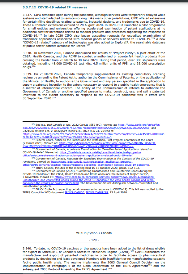 HealthLawAdamH's tweet photo. Here's what #WTO Secretariat's 12th Trade Policy Review of Canada🇨🇦says about COVID-19 & intellectual property.
It includes reference to #CAMR, operationalizing #TRIPS Art. 31bis, which🇨🇦hyped as making a #TRIPSwaiver unnecessary... but never took any basic steps to use.💉💊🌐⚖️ https://t.co/JGoBmeMuV7