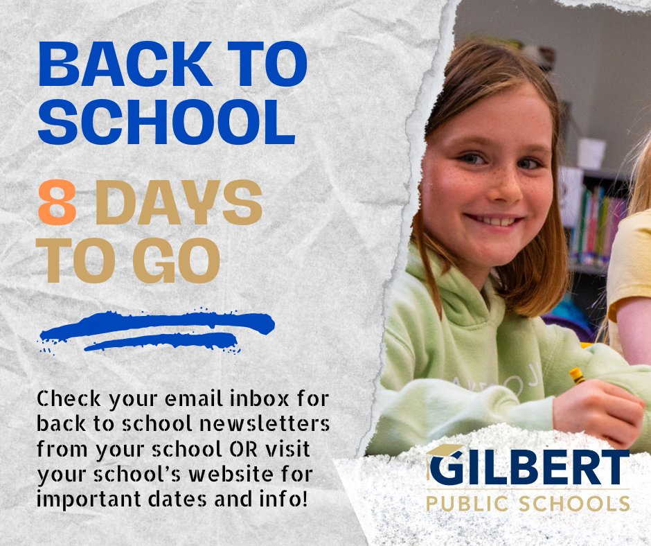 GPS_District's tweet image. Back To School With GPS: Don't forget to check your email inbox for back-to-school newsletters from your school! You can also visit your school’s website for important dates and information. #backtoschoolatgps #gilbertpublicschools #connectcreatecare