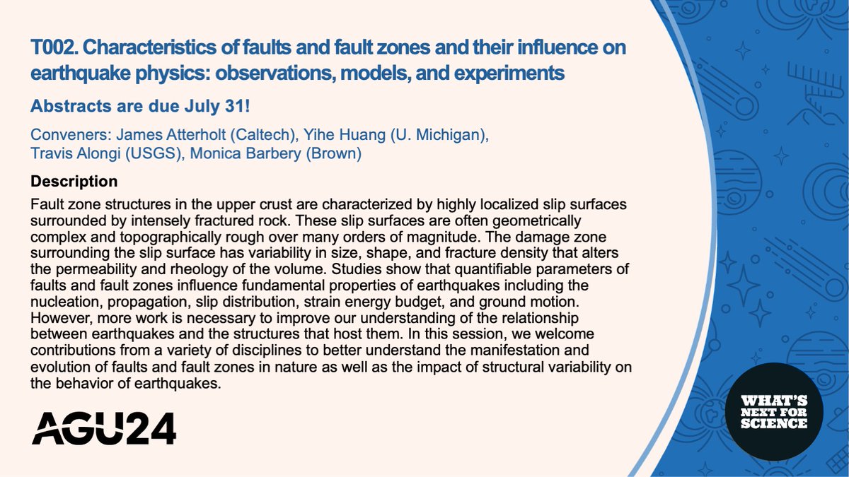 jimatterholt's tweet photo. If you are interested in faults and fault zones and/or how they affect ruptures, please consider submitting an abstract to our interdisciplinary session at #AGU24! 
https://t.co/YEV156O4dZ https://t.co/278LfCTR7a