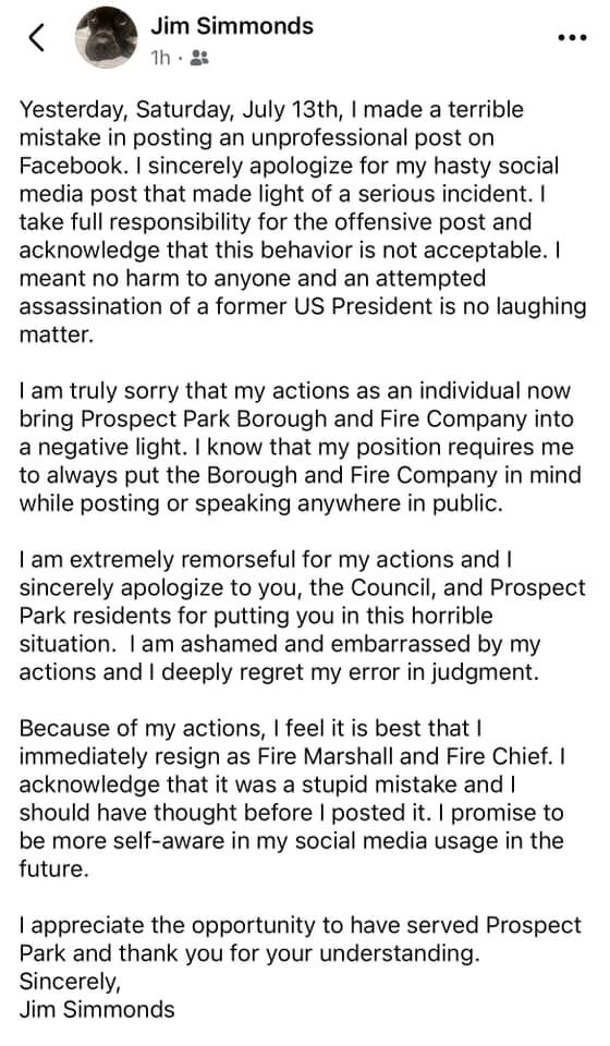 libsoftiktok's tweet photo. Meet Jim Simmonds, the now former Fire Chief for Prospect Park, PA. Simmonds resigned from his position  after he made made comments online wishing d*ath to DJT and other individuals.

So long! https://t.co/GHUW3jZ4JD