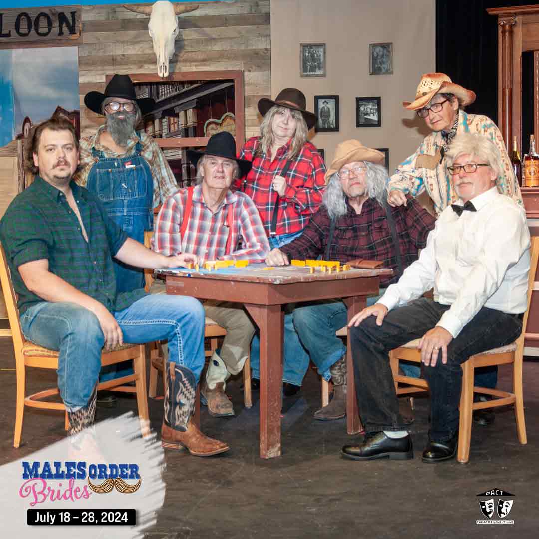MALES ORDER BRIDES opens Thursday! We can't wait for you to meet our unsuspecting potential grooms and the rest of the cast! Tickets: bit.ly/3Vr1Go5. July 18 - 28, 2024. Thursdays, Fridays and Saturdays at 7:30 p.m. and Sundays at 2:30 p.m.
