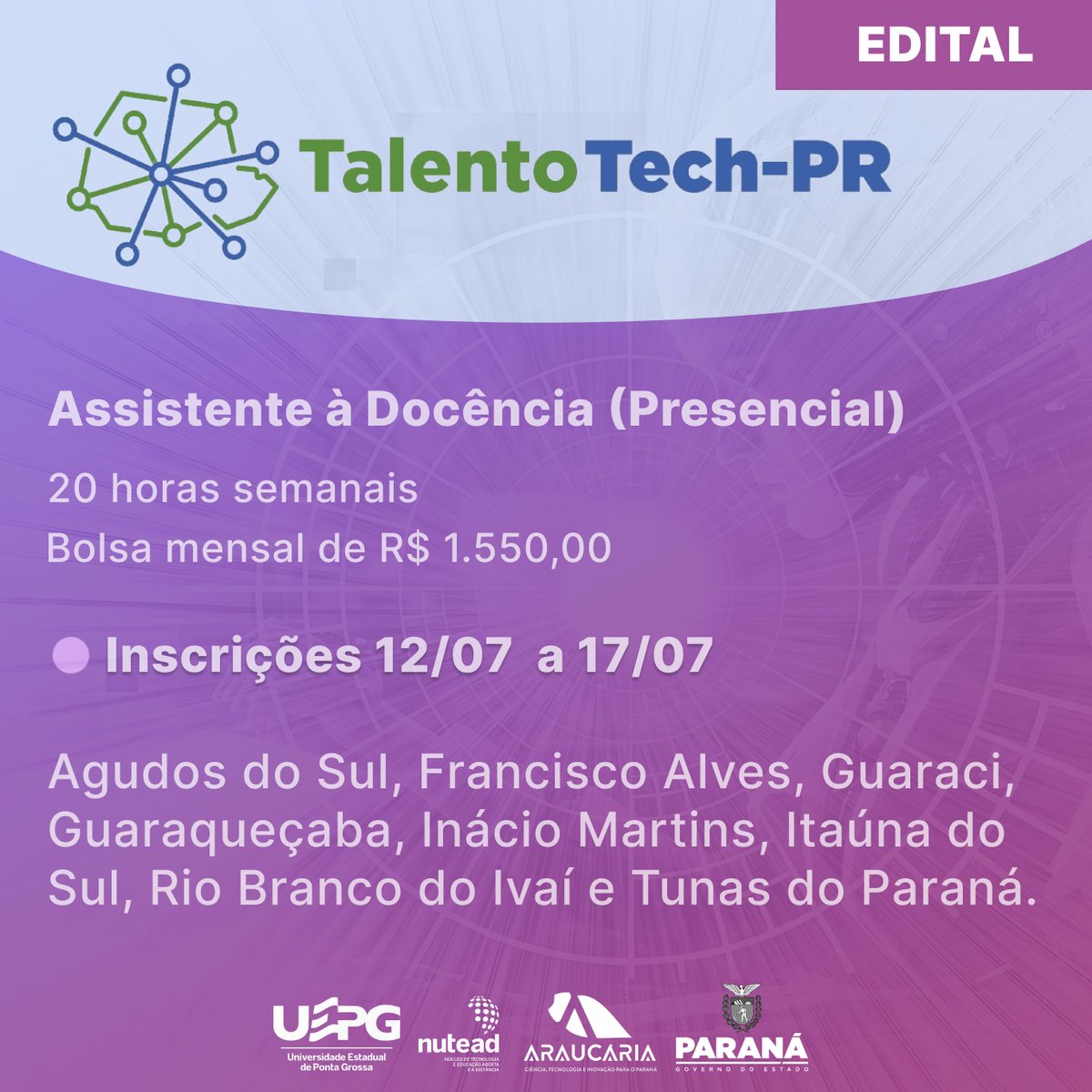 nutead_uepg's tweet photo. ✈️É período de férias, mas os processos seletivos seguem abertos!😃

💫Neste mês de julho, o Nutead reabre as inscrições do Programa Talento Tech- PR para Assistente à Docência, Diagramação, Secretaria Financeira e Técnico de TI. 

🔎Vem conferir: https://t.co/8uvFtlYl7f https://t.co/lioKO5eppg