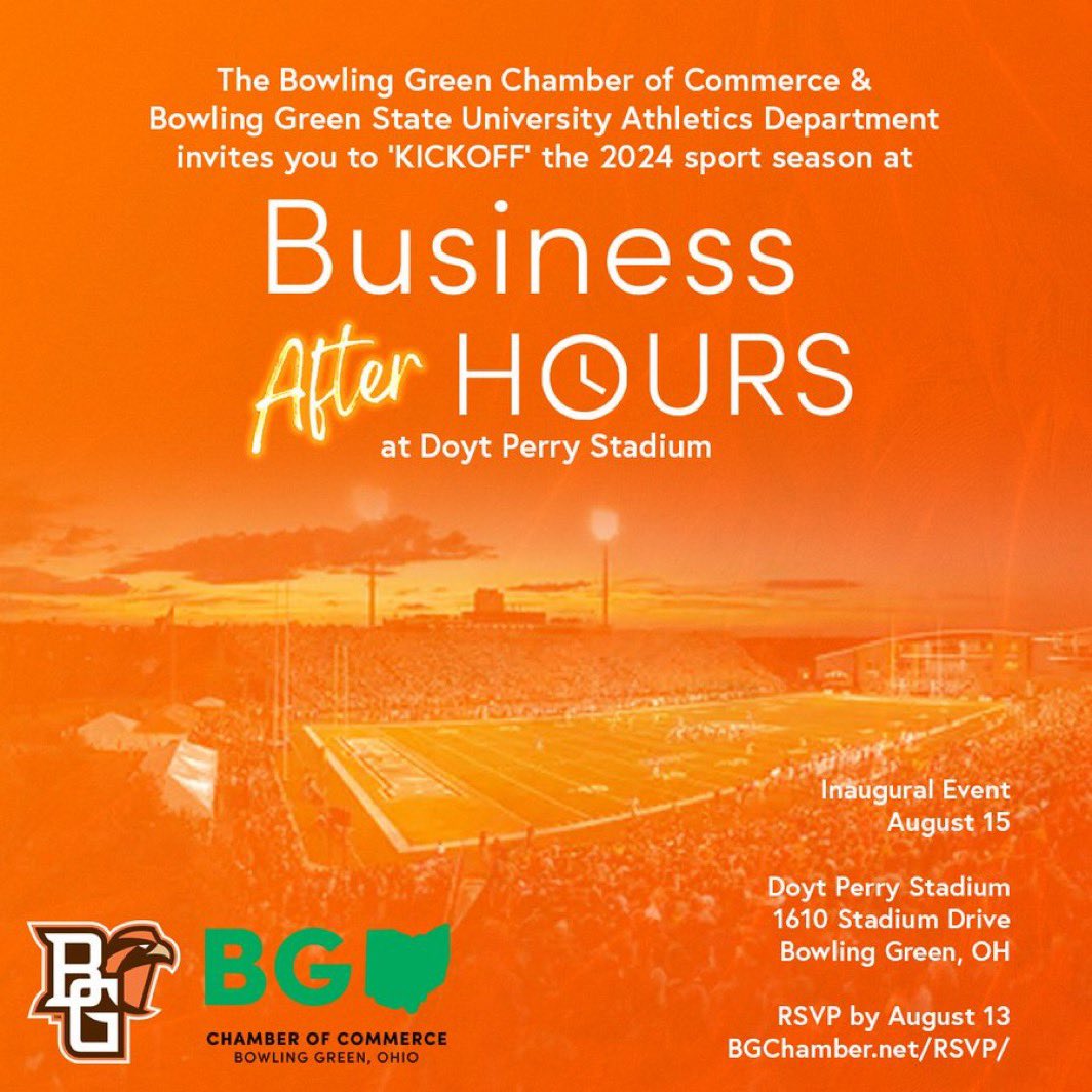 BGSU_Athletics's tweet photo. We are 10 days out from Business After Hours at Doyt Perry Stadium. 

Join over 40 businesses who have already signed up/RSVP'd for August 15th. Make sure you join them by submitting your RSVP by August 13 ⬇️

📰 https://t.co/LaYbEiOgOG https://t.co/L0qpksJYF5