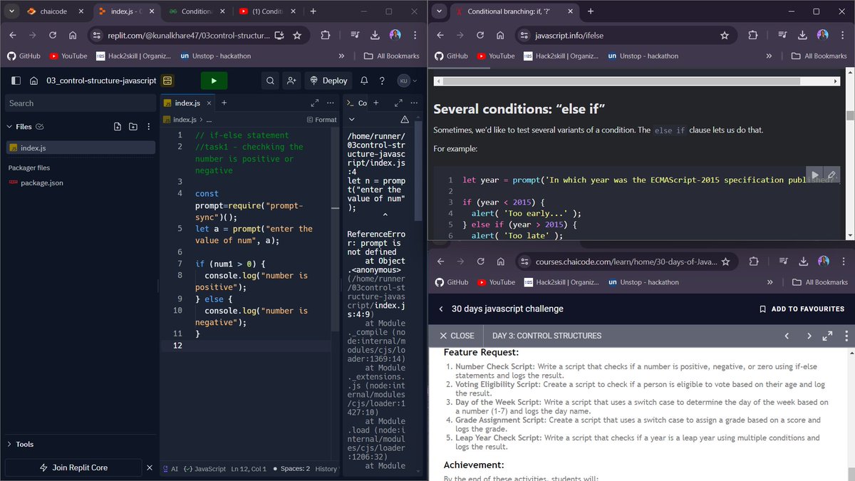 kharesaab_x's tweet photo. 📌 30-day JavaScript Challenge!
----- Day 3 ----->
Learned about:
Control structures: if-else statements, nested if-else statements,
switch cases,
Conditional operators & combining conditions
Faced some issues with alert and prompt, but worked through them.
#codesamaaj https://t.co/mrmaBawvQZ