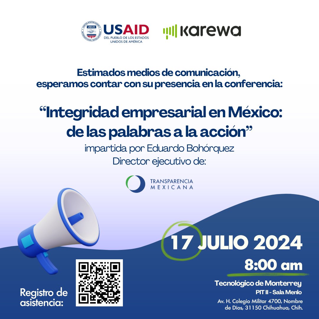 🎥🎙Estimados medios de comunicación 📢📢📢

Nos complace invitarlos a la conferencia “Integridad Empresarial en México: de las palabras a la acción” impartida por Eduardo Bohórquez, Director Ejecutivo de Transparencia Mexicana.