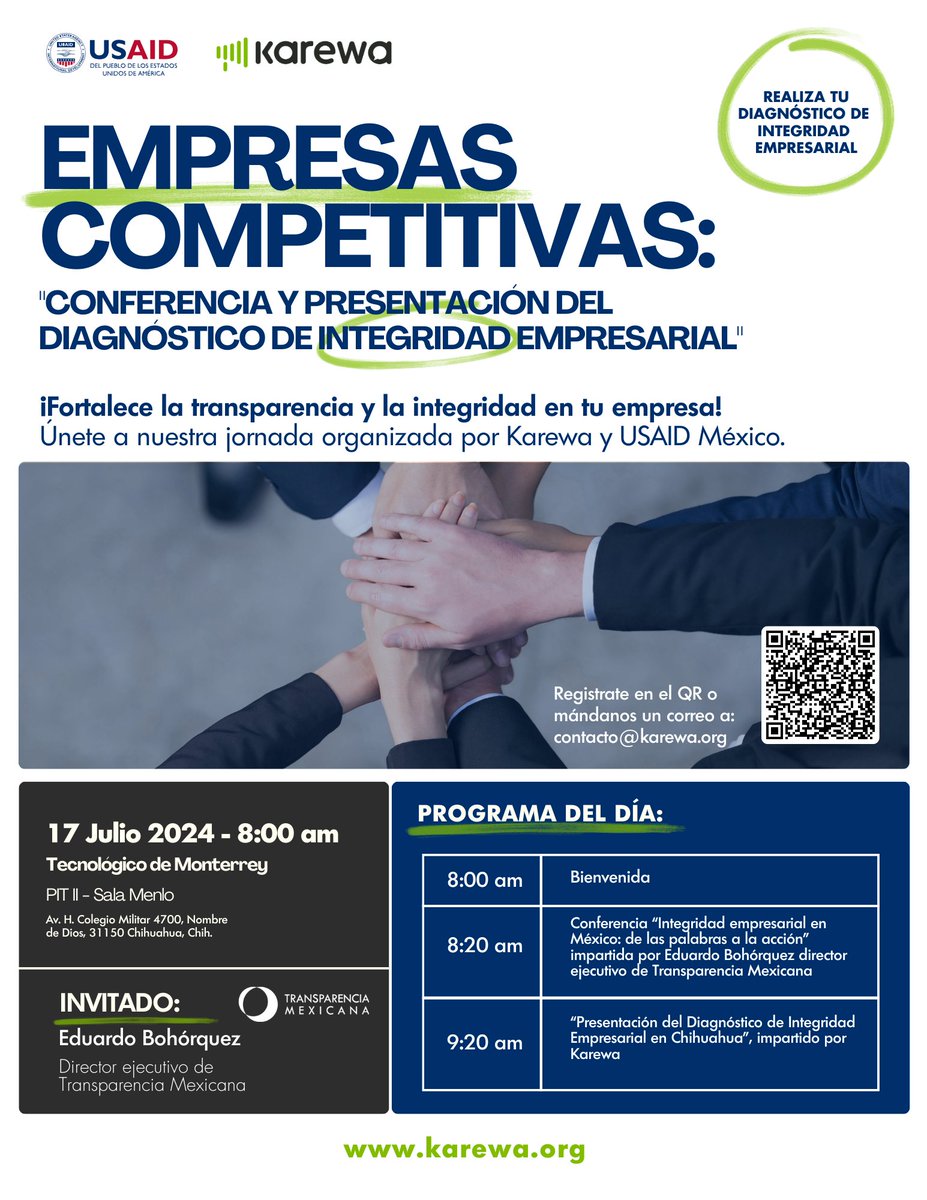 📢📢 Te invitamos al encuentro de Empresas competitivas.

➡➡Evento dirigido a empresas proveedoras del gobierno municipal o miembros de cámaras empresariales⬅️⬅️

🗓 miércoles 17 de julio 2024
⏰ 08:00 am
📍Tecnológico de Monterrey

📝Registrate al correo contacto@karewa.org