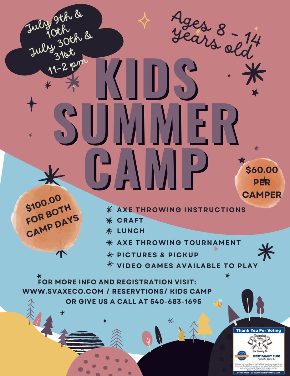 SVAXECO's tweet photo. Looking for something different, interactive, and constructive for your kiddos to participate in this summer? This is it! Register at https://t.co/ifU2xP8qCr or give us a call with any questions! 540-683-1695.
JULY 9TH &amp; OR 10TH, JULY 30TH &amp; OR 31ST https://t.co/84sMWDUngS
