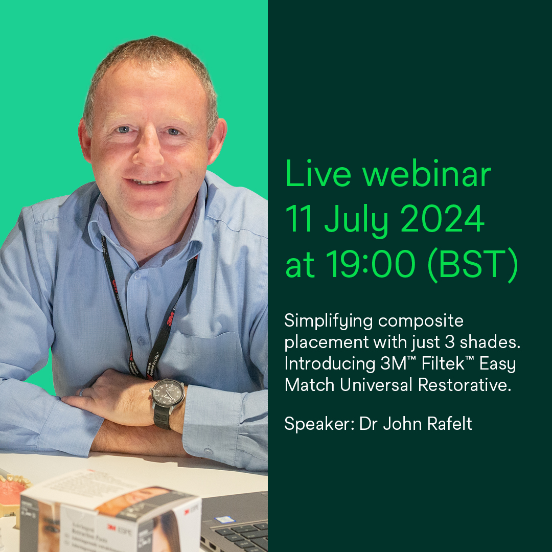 rajagopalbs's tweet photo. Join Dr John Rafelt for “Simplifying composite placement with just 3 shades” Introducing 3M™ Filtek™ Easy Match Universal Restorative
Streaming Live, hosted by Dental Update Webinars
11 July – 19:00 (BST) with Q and A
Link to event: https://t.co/ZVyeWGO0LG
#Solvers #Solventum https://t.co/T6Ca26FADs
