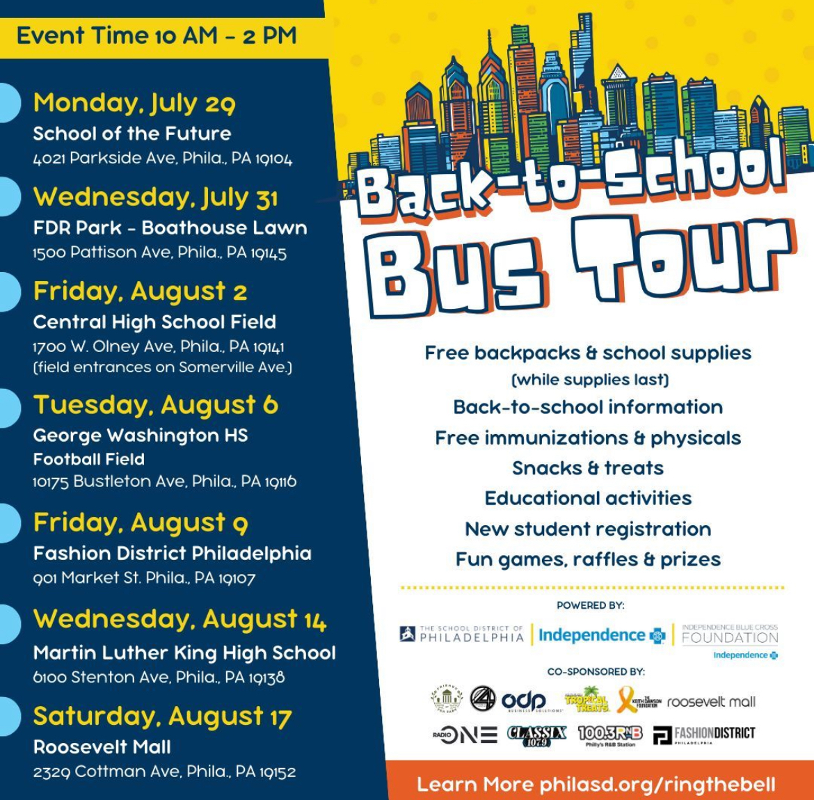 phlschoolscomp's tweet image. 🚌 The @PHLschools Back-to-School Bus Tour is returning this month to Philly neighborhoods!

🎒 Get a free backpack &amp;amp; all your back-to-school needs!

▶️ Get a list of tour stops &amp;amp; dates at philasd.org/ringthebell

Powered by @ibxfdn #SDPBusTour #RingtheBellPHL #PHLed