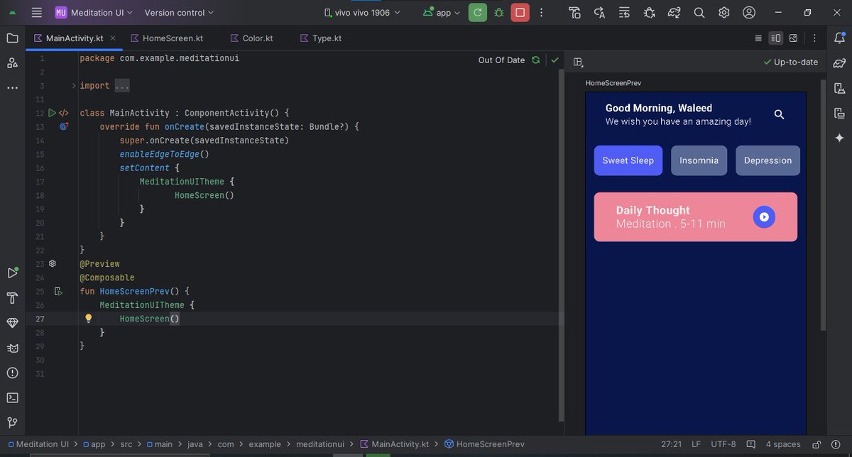 doctor_dev69's tweet photo. Day 16 of #30DaysOfCompose
Today, Iβm working on an exciting project: creating a simple meditation UI using Jetpack Compose. This project is all about designing a relaxing and user-friendly app for meditation. π§ββοΈ
#LearnInPublic
#AndroidDev
#Kotlin
#JetpackCompose
#100daysofcode https://t.co/Y5pI0nr7Rf