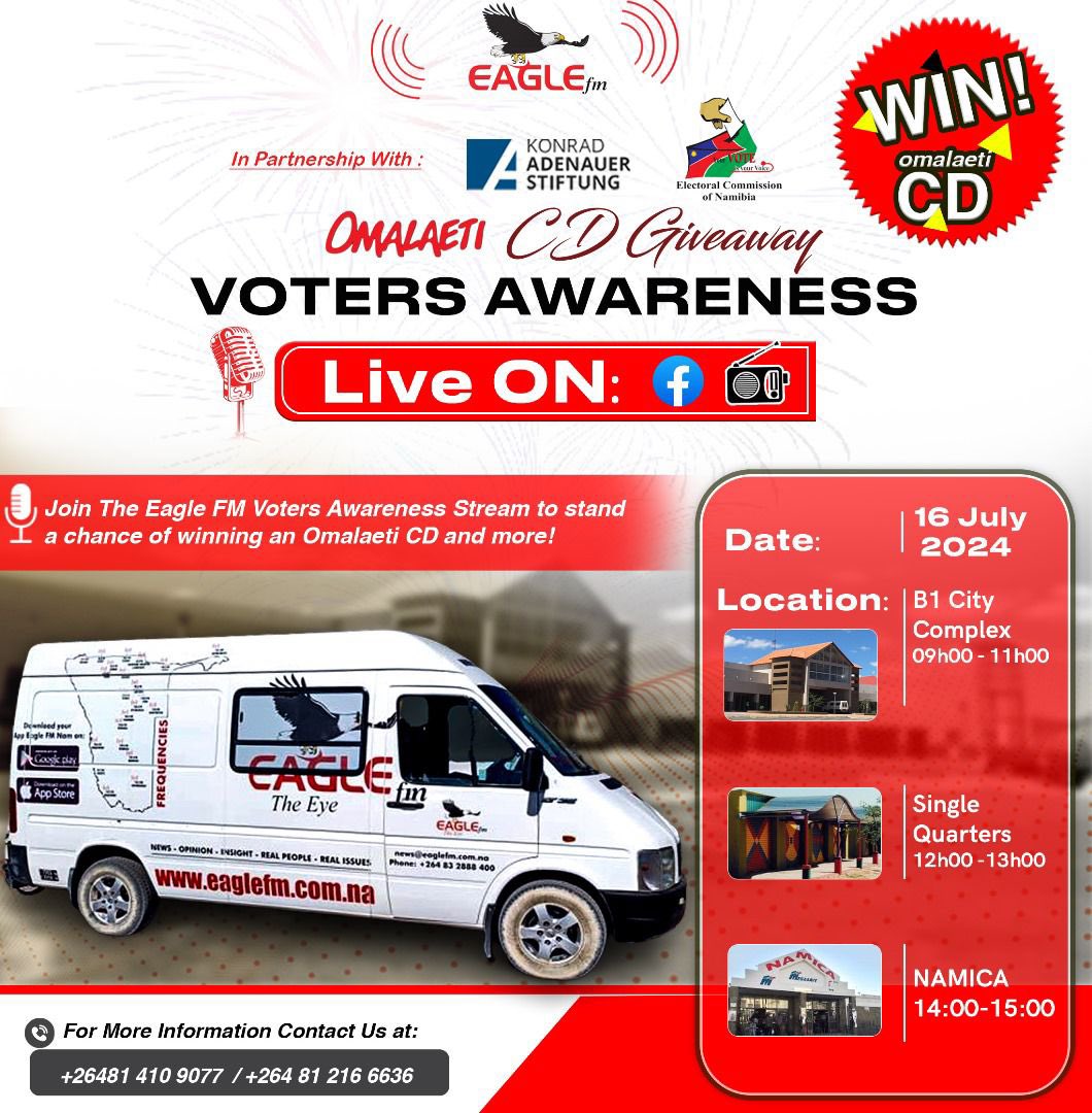 Join us on Tuesday 16th July together with Eagle FM Namibia and the Electoral Commission of Namibia - ECN as we discuss all things #VotersEducation and #VotersAwareness. Live broadcast at the B1 City Complex, Single Quarters and NAMICA